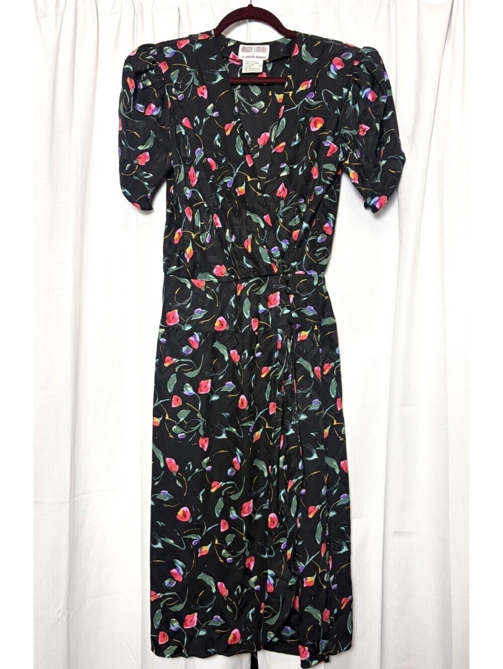 Maggie London Vintage Tulip Sleeve V Neck Wrap Silk Floral Dress. Size Small.